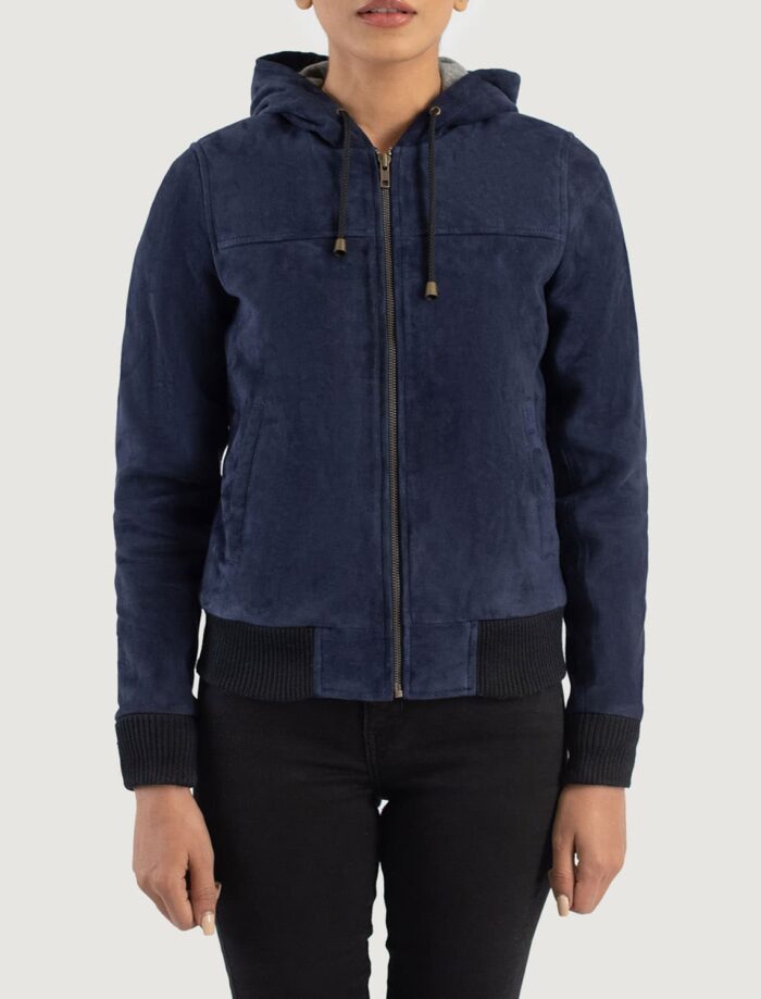 Rebella Blue Hooded Suede Bomber Jacket