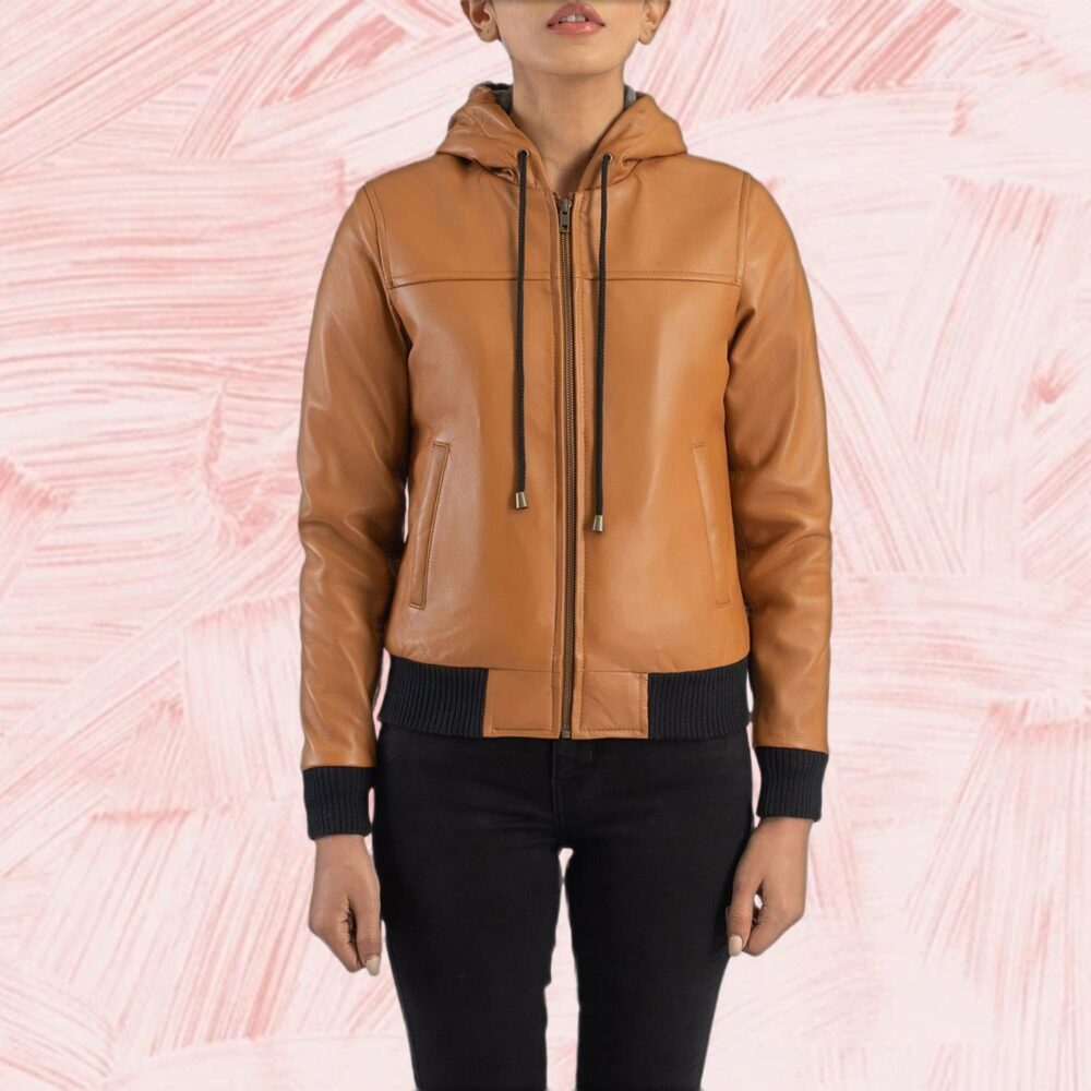 Rebella Brown Hooded Leather Bomber Jacket