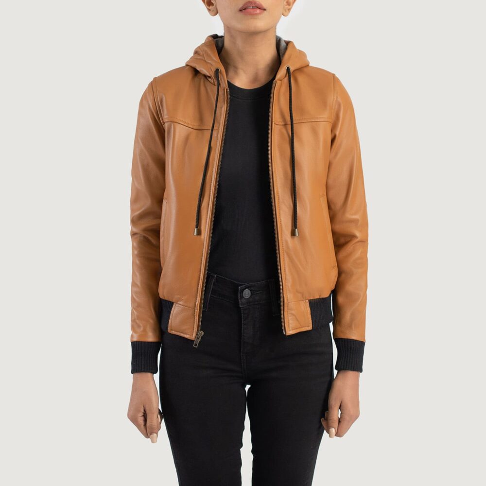 Rebella Brown Hooded Leather Bomber Jacket