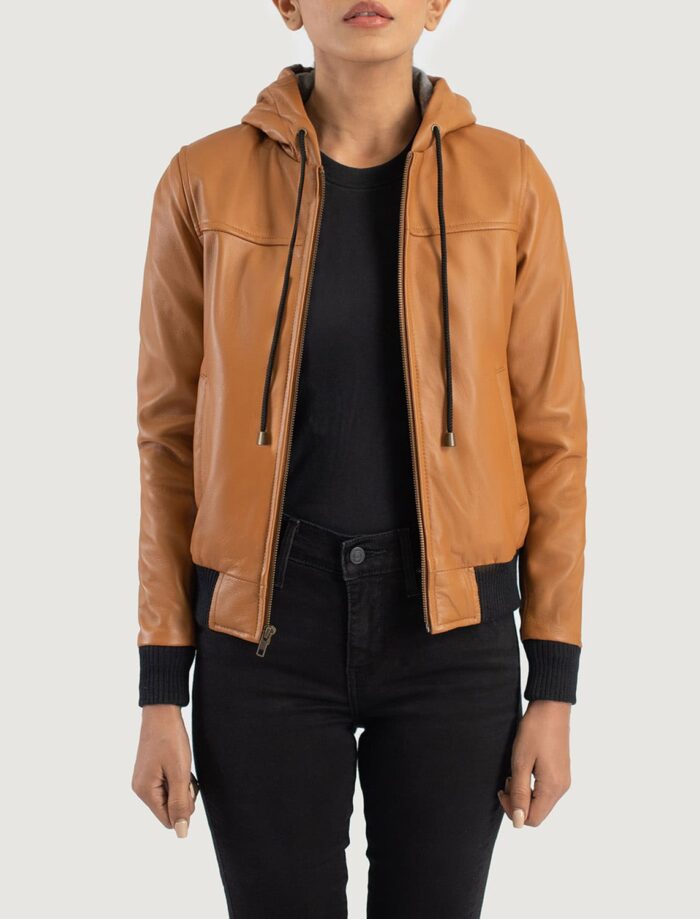 Rebella Brown Hooded Leather Bomber Jacket