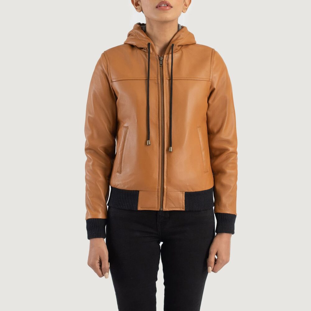 Rebella Brown Hooded Leather Bomber Jacket