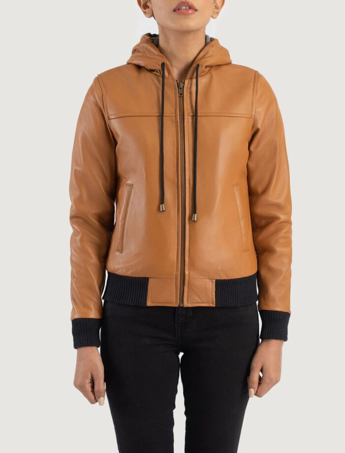 Rebella Brown Hooded Leather Bomber Jacket