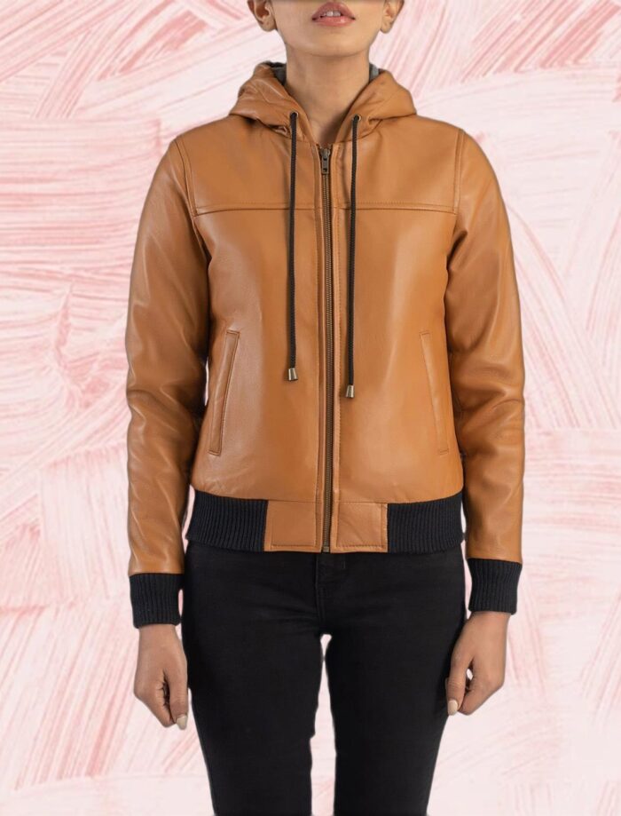 Rebella Brown Hooded Leather Bomber Jacket
