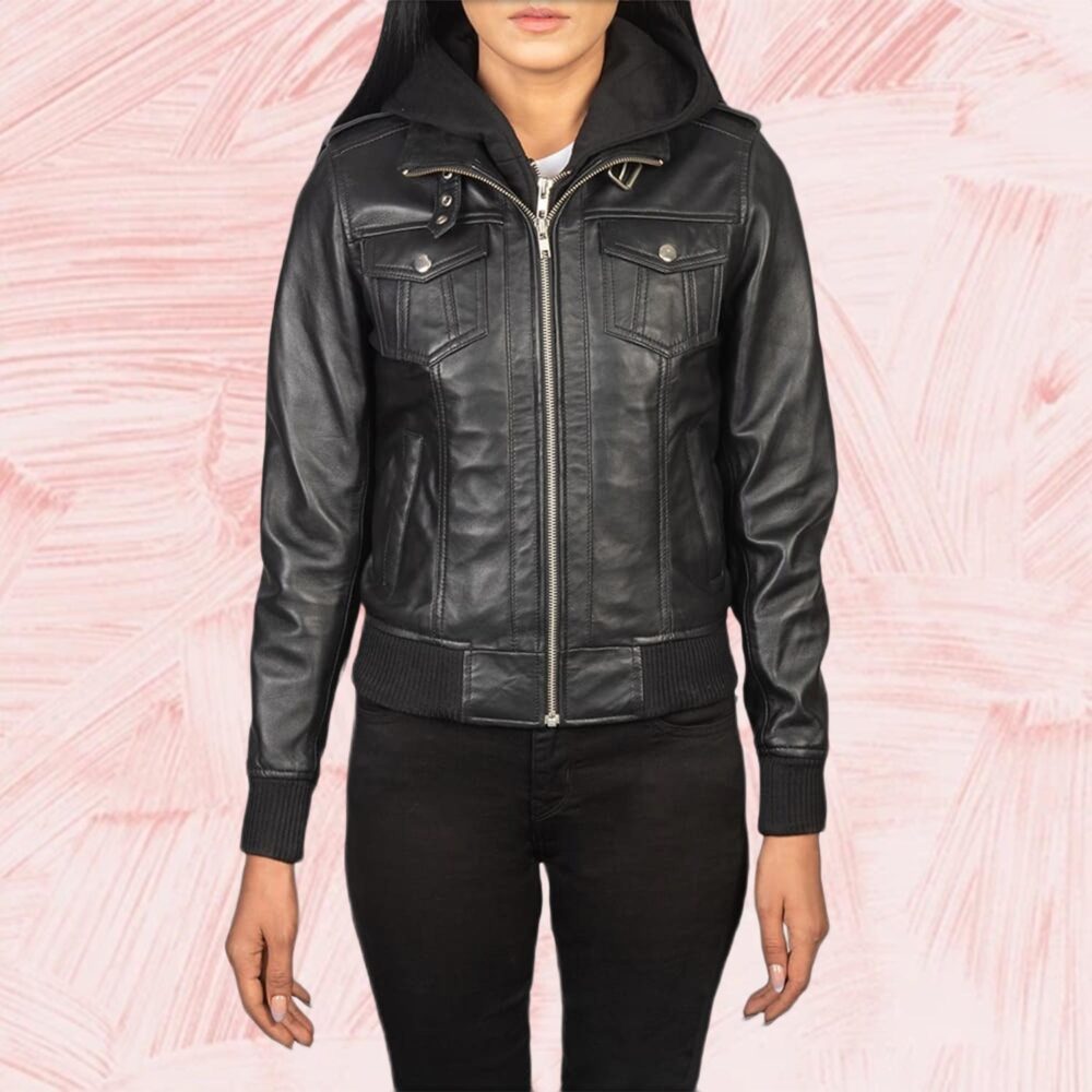 Roslyn Black Hooded Leather Bomber Jacket