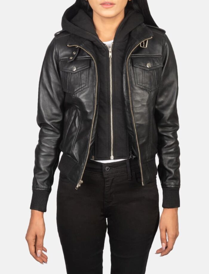 Roslyn Black Hooded Leather Bomber Jacket