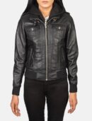 Roslyn Black Hooded Leather Bomber Jacket