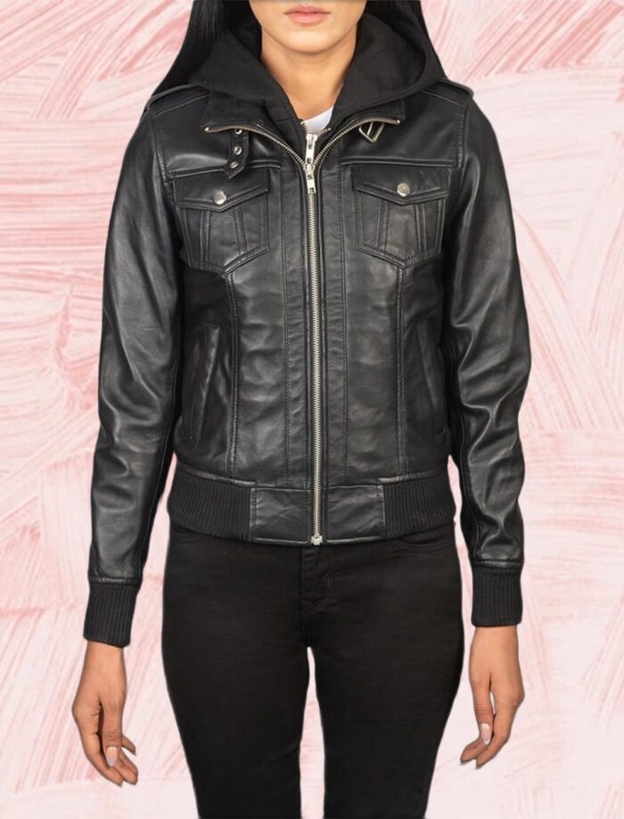 Roslyn Black Hooded Leather Bomber Jacket