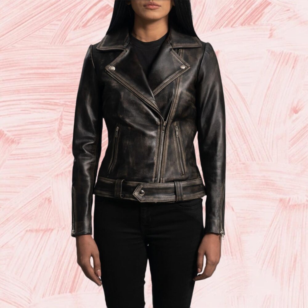Rumy Distressed Brown Leather Biker Jacket