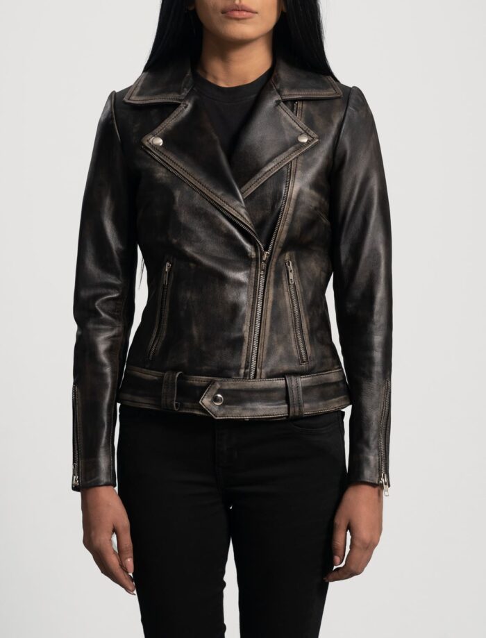 Rumy Distressed Brown Leather Biker Jacket