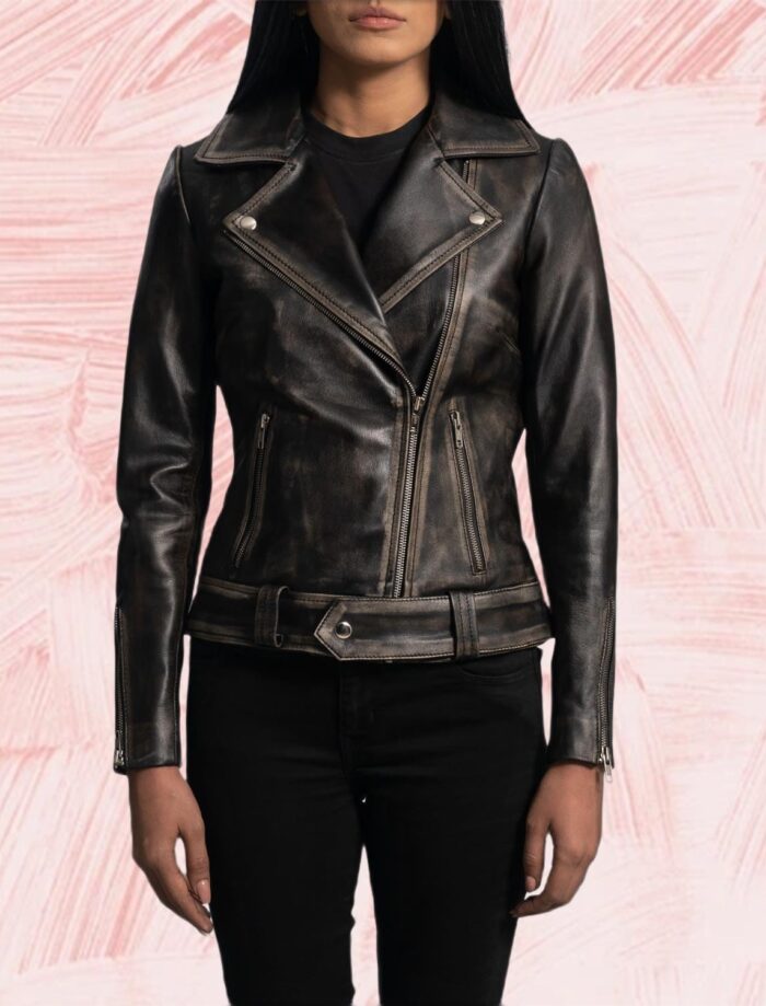 Rumy Distressed Brown Leather Biker Jacket