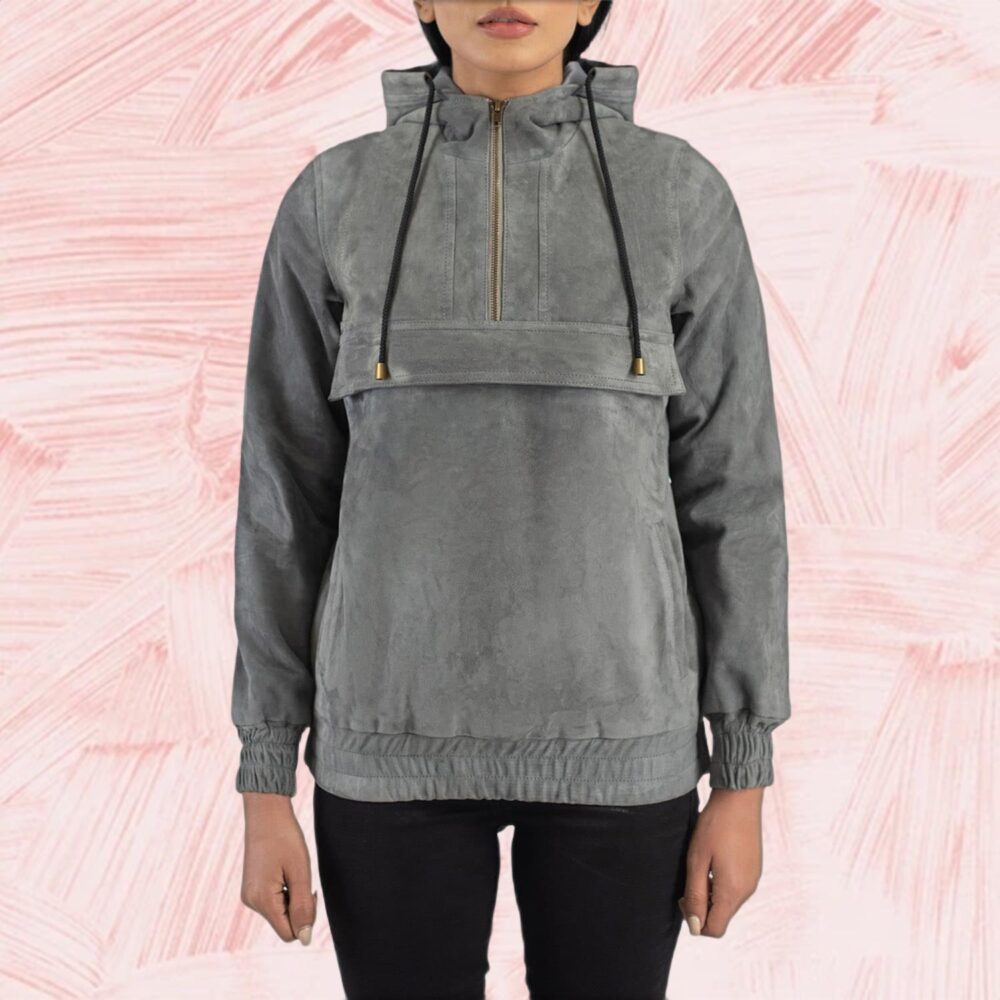 Zest Grey Hooded Suede Pullover Jacket