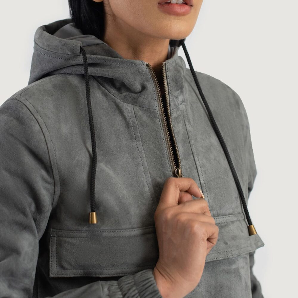 Zest Grey Hooded Suede Pullover Jacket