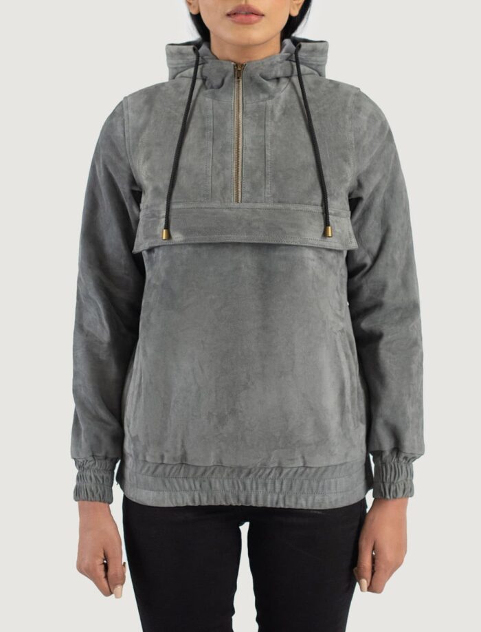 Zest Grey Hooded Suede Pullover Jacket