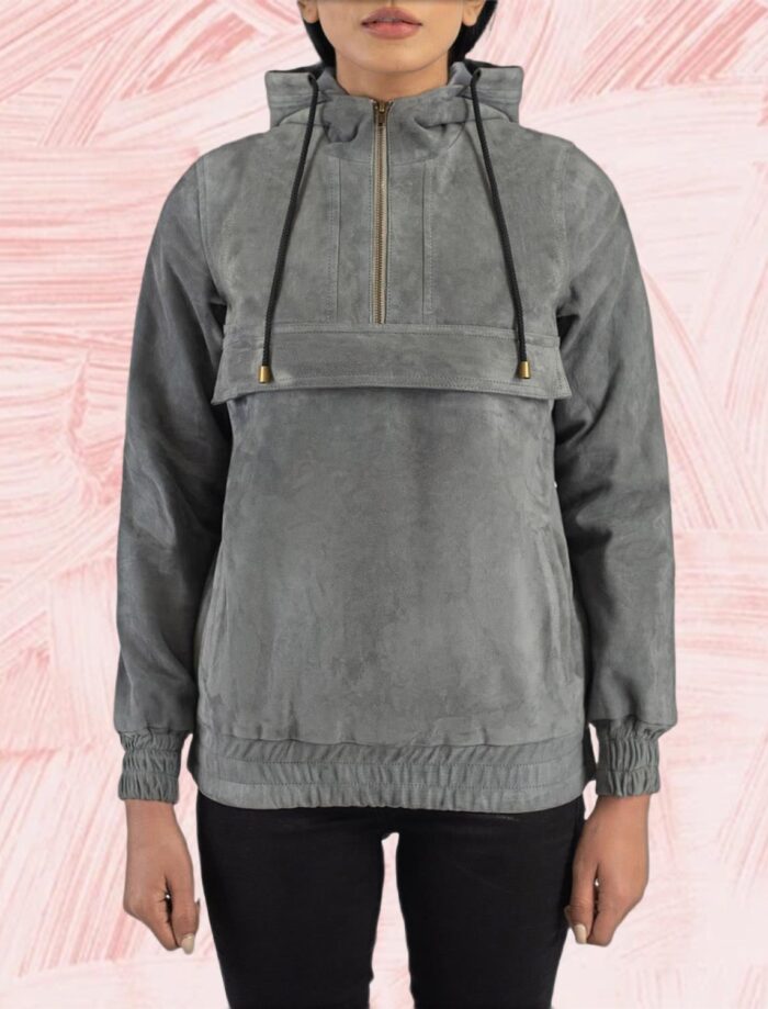 Zest Grey Hooded Suede Pullover Jacket