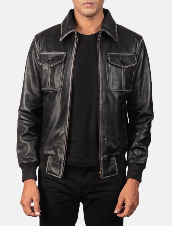 Archer Noir Men's Black Leather Bomber Jacket