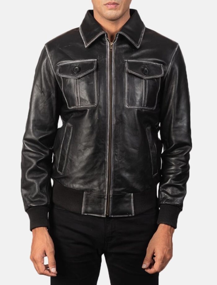 Archer Noir Men's Black Leather Bomber Jacket