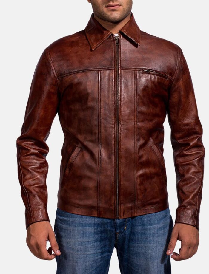 Marvello Distressed Brown Leather Jacket for Men