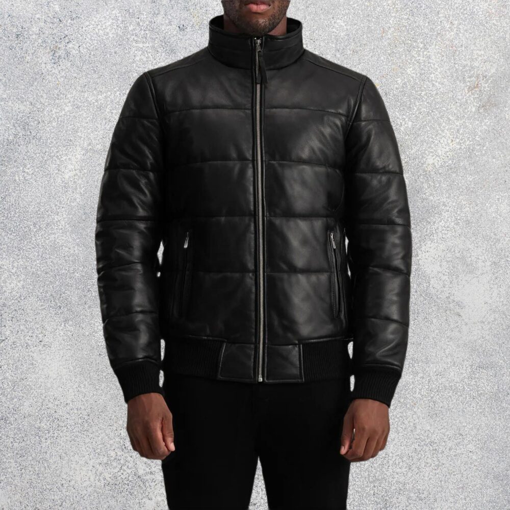Aiden Black Leather Puffer Bomber Jacket for Men