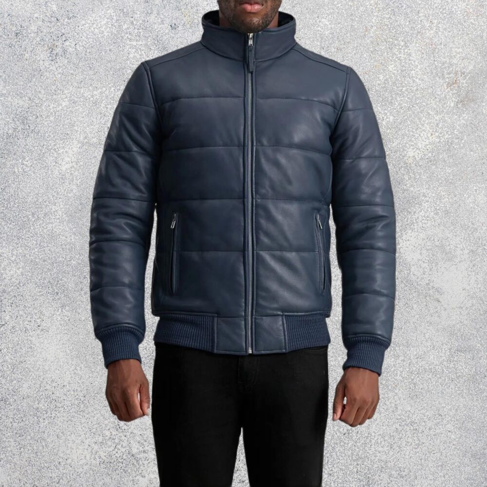 Aiden Blue Leather Puffer Bomber Jacket for Men
