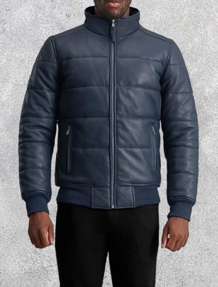 Aiden Blue Leather Puffer Bomber Jacket for Men