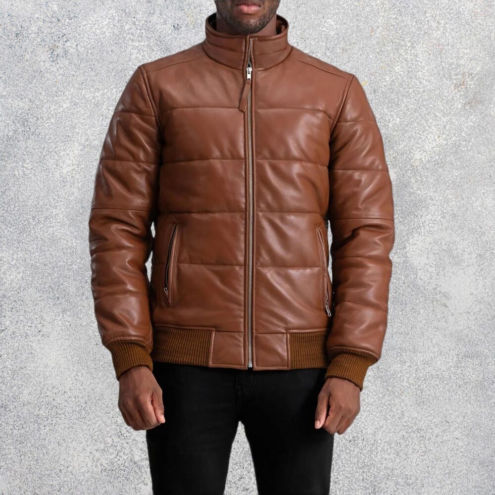 Aiden Brown Leather Puffer Bomber Jacket for Men