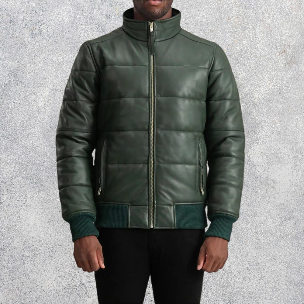 Aiden Green Leather Puffer Bomber Jacket for Men