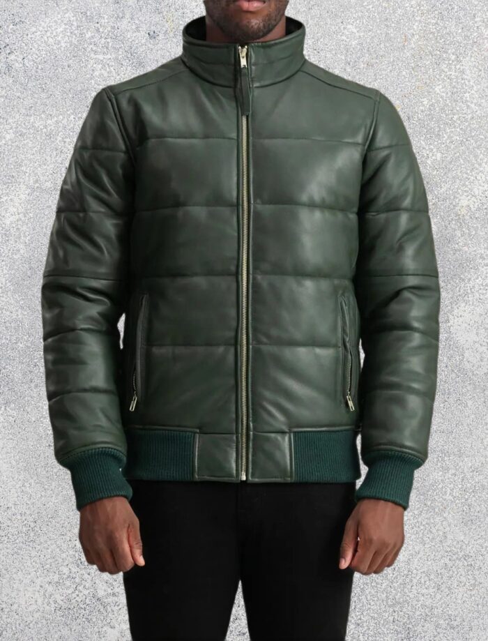 Aiden Green Leather Puffer Bomber Jacket for Men