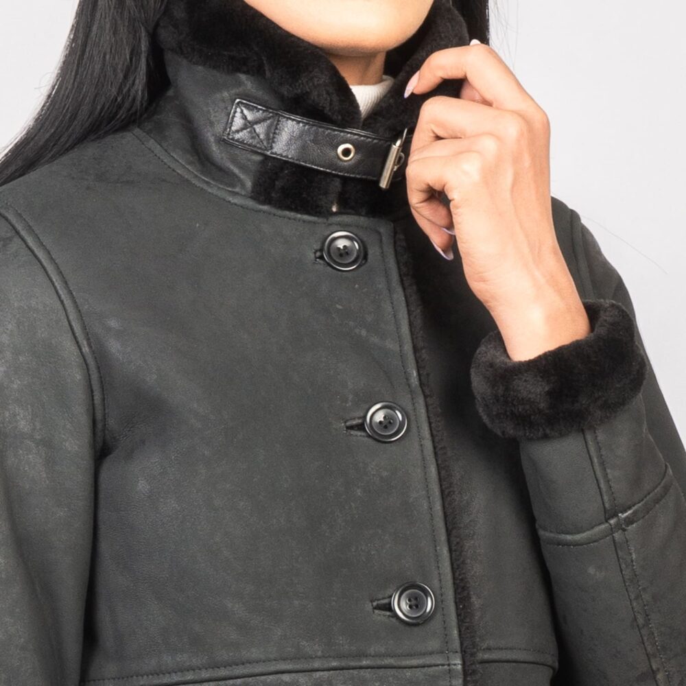 Amira Shearling Black Leather Coat for Women