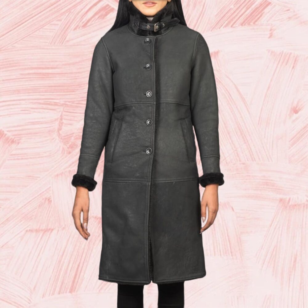 Amira Shearling Black Leather Coat for Women
