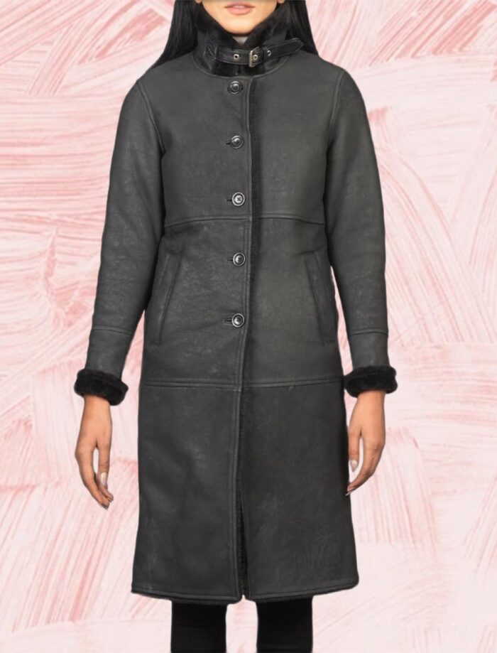 Amira Shearling Black Leather Coat for Women