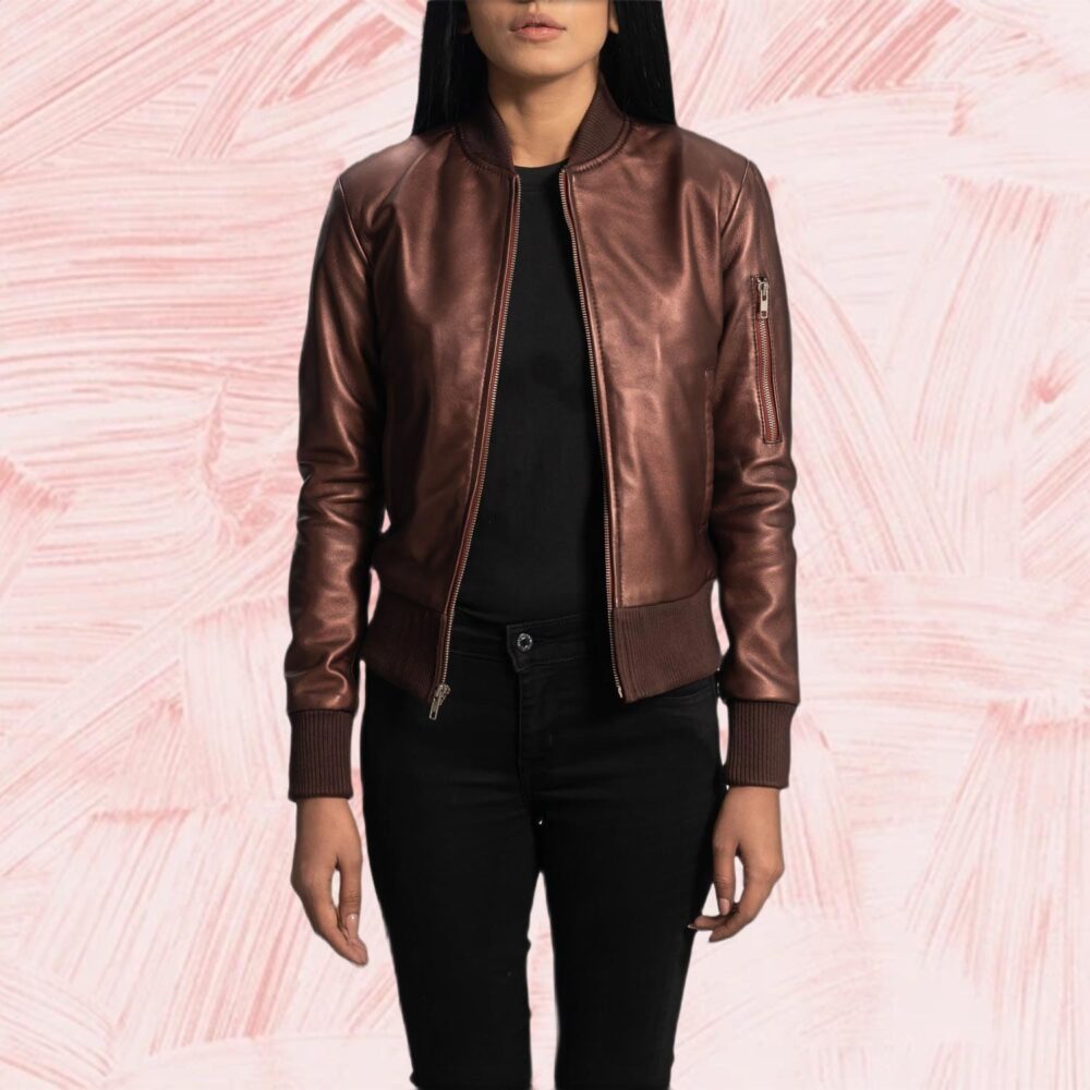 Aria Maroon Leather Bomber Jacket for Women