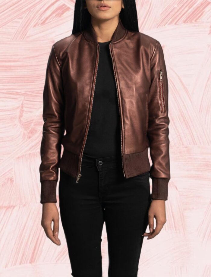 Aria Maroon Leather Bomber Jacket for Women