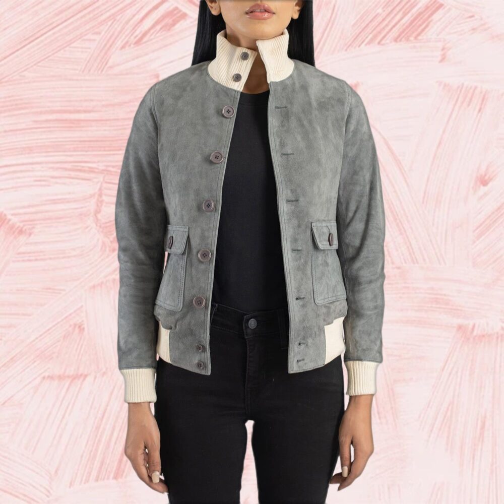 Aster Grey Suede Bomber Jacket for Women