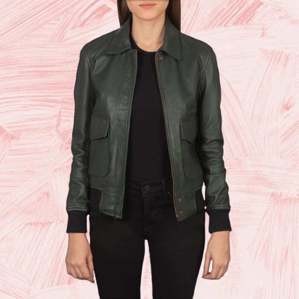 Astra Green Leather Bomber Jacket for Women