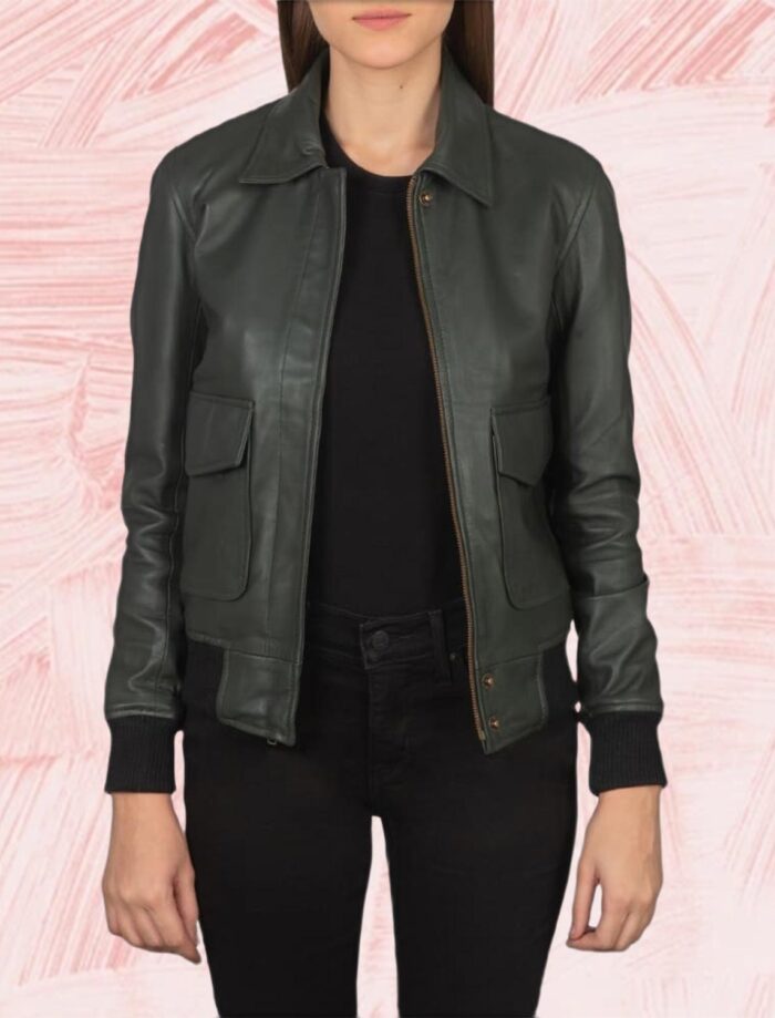 Astra Green Leather Bomber Jacket for Women