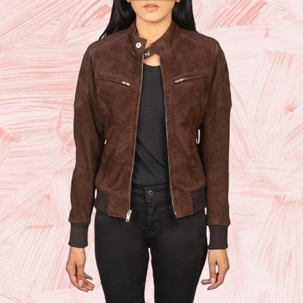 Rhea Mocha Suede Bomber Jacket for Women
