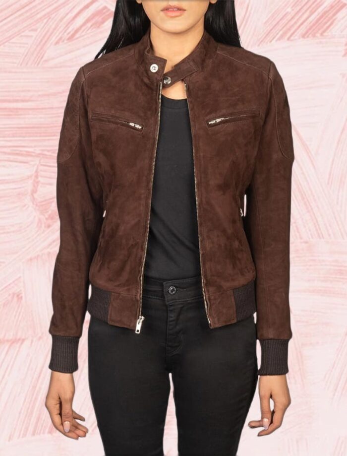 Rhea Mocha Suede Bomber Jacket for Women