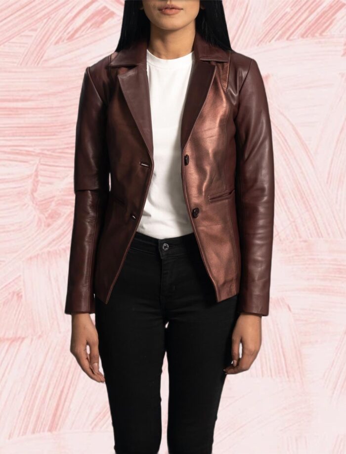 Astrid Metallic Maroon Leather Blazer for Women