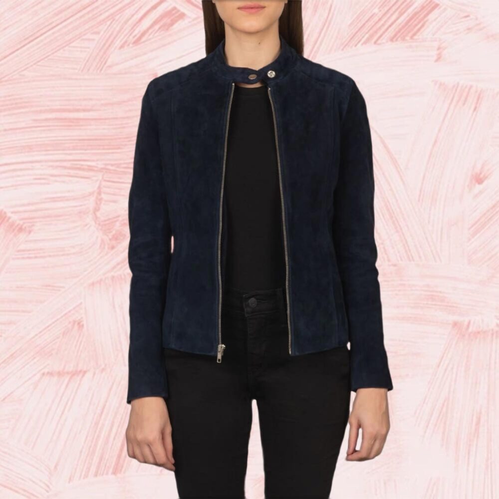 Aubrey Navy Blue Suede Biker Jacket for Women