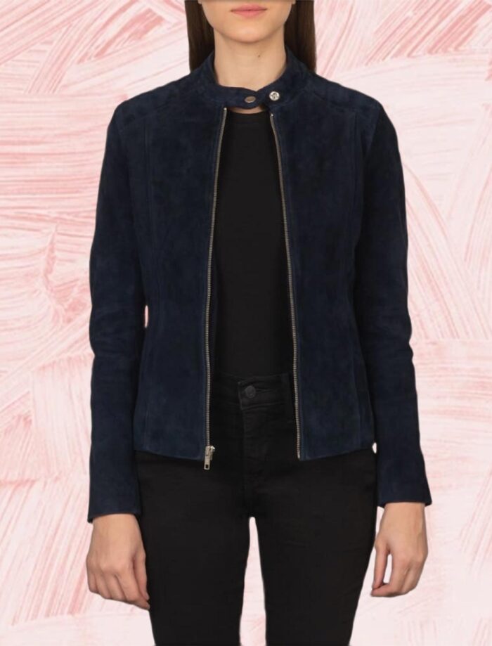 Aubrey Navy Blue Suede Biker Jacket for Women