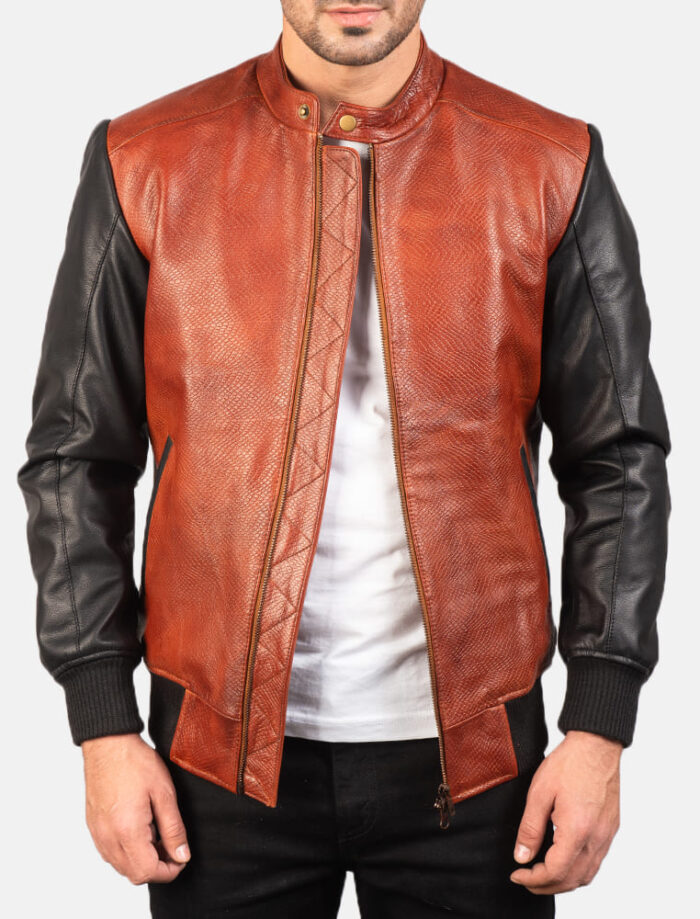 Avenzo Black & Maroon Leather Bomber Jacket for Men