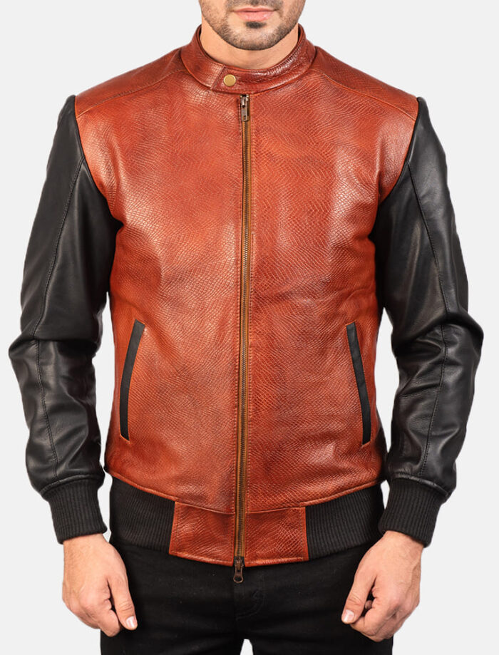 Avenzo Black & Maroon Leather Bomber Jacket for Men