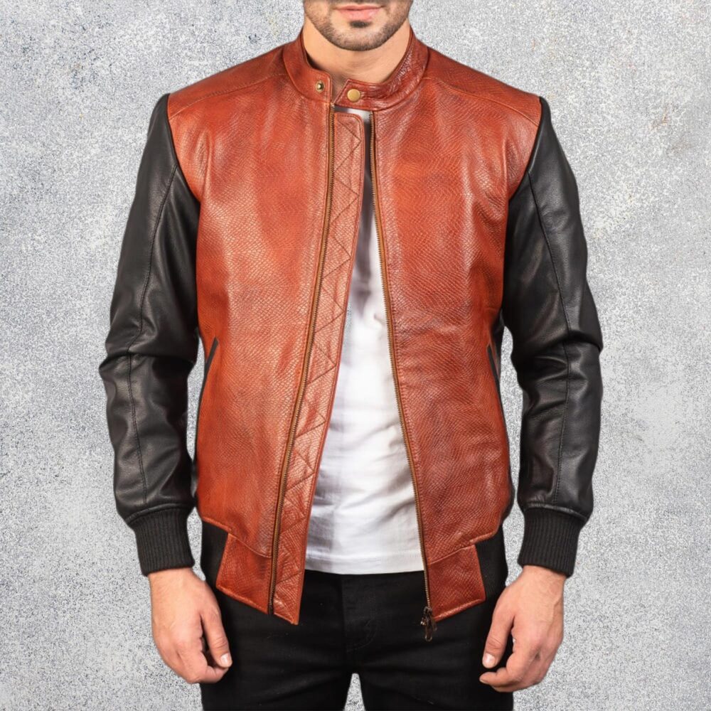 Avenzo Black & Maroon Leather Bomber Jacket for Men