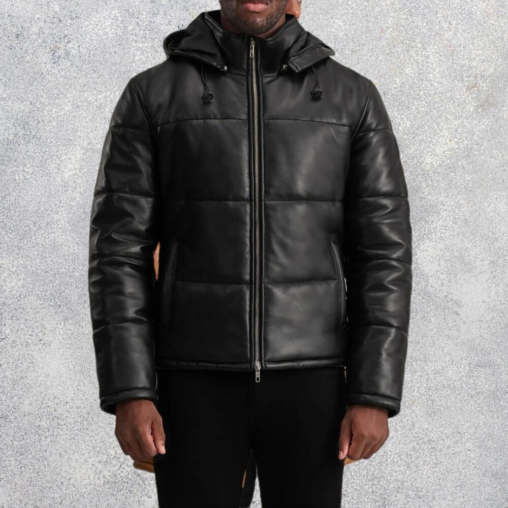 Axel Black Hooded Leather Puffer Jacket for Men