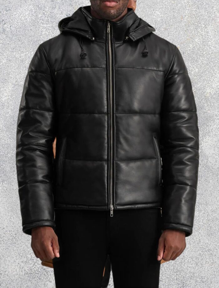 Axel Black Hooded Leather Puffer Jacket for Men
