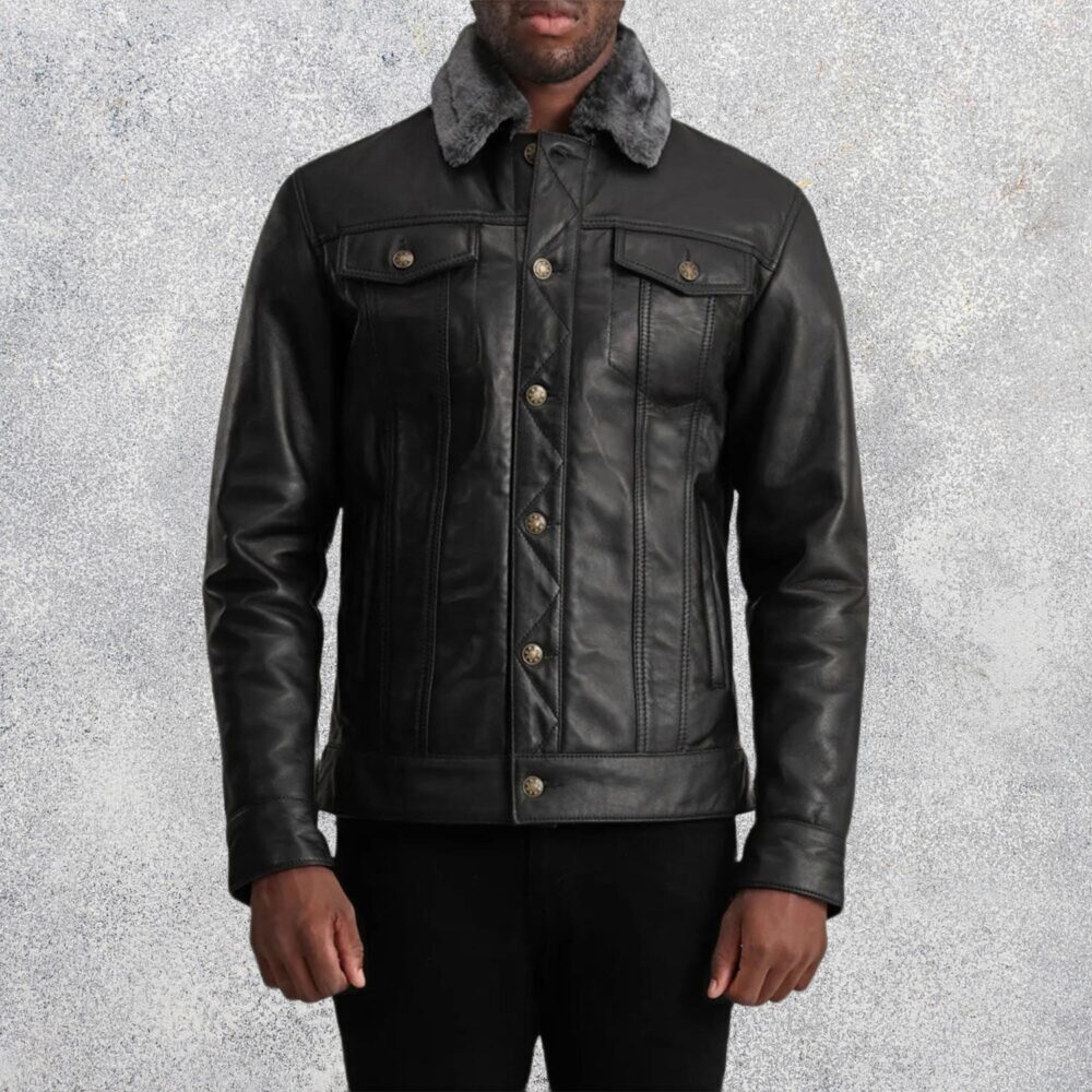 Axel Black Sheepskin Leather Shearling Trucker Jacket for Men