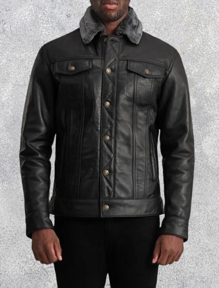 Axel Black Sheepskin Leather Shearling Trucker Jacket for Men