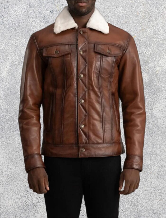 Axel Brown Sheepskin Leather Shearling Trucker Jacket for Men