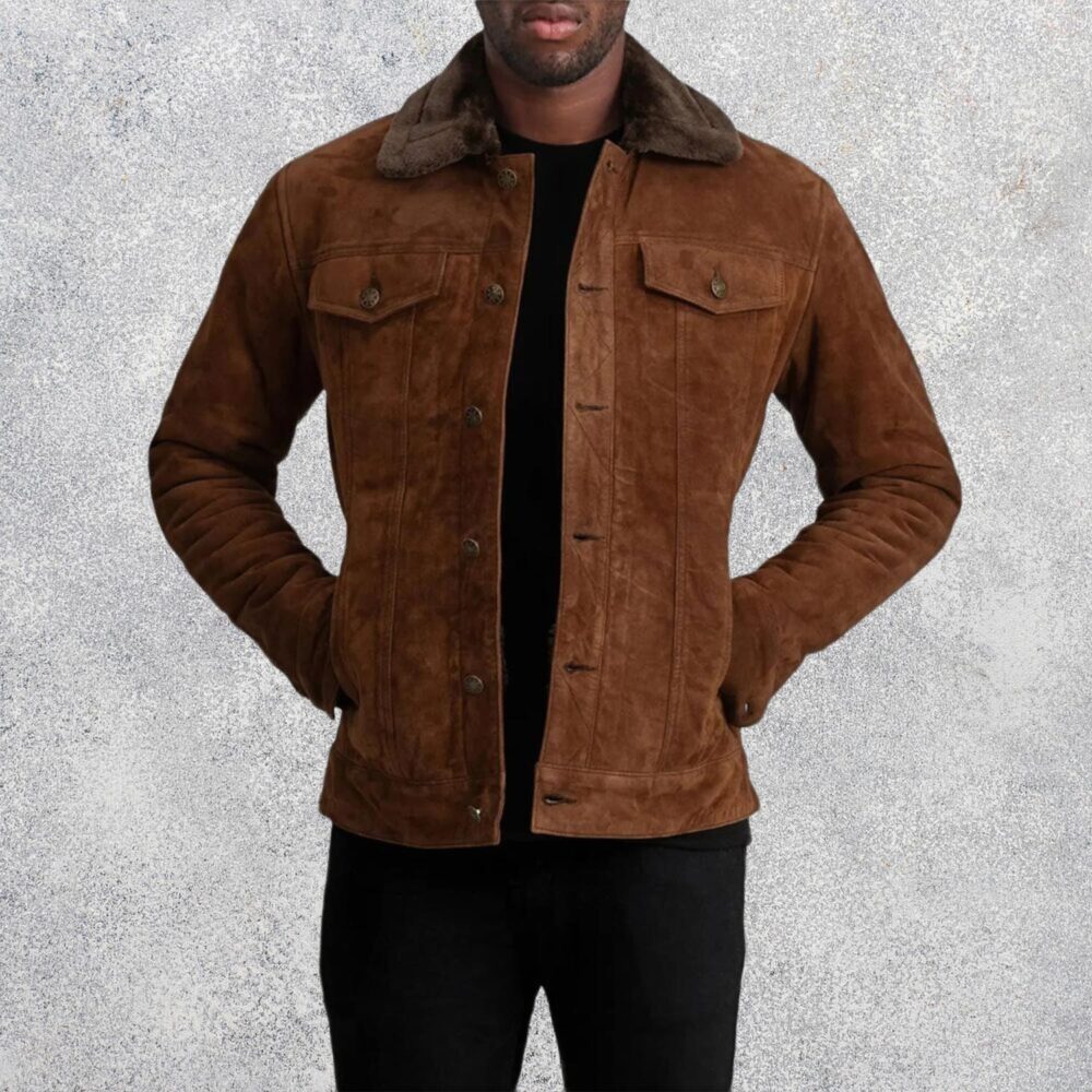 SaltCo Axel Brown Suede Shearling Trucker Jacket for Men