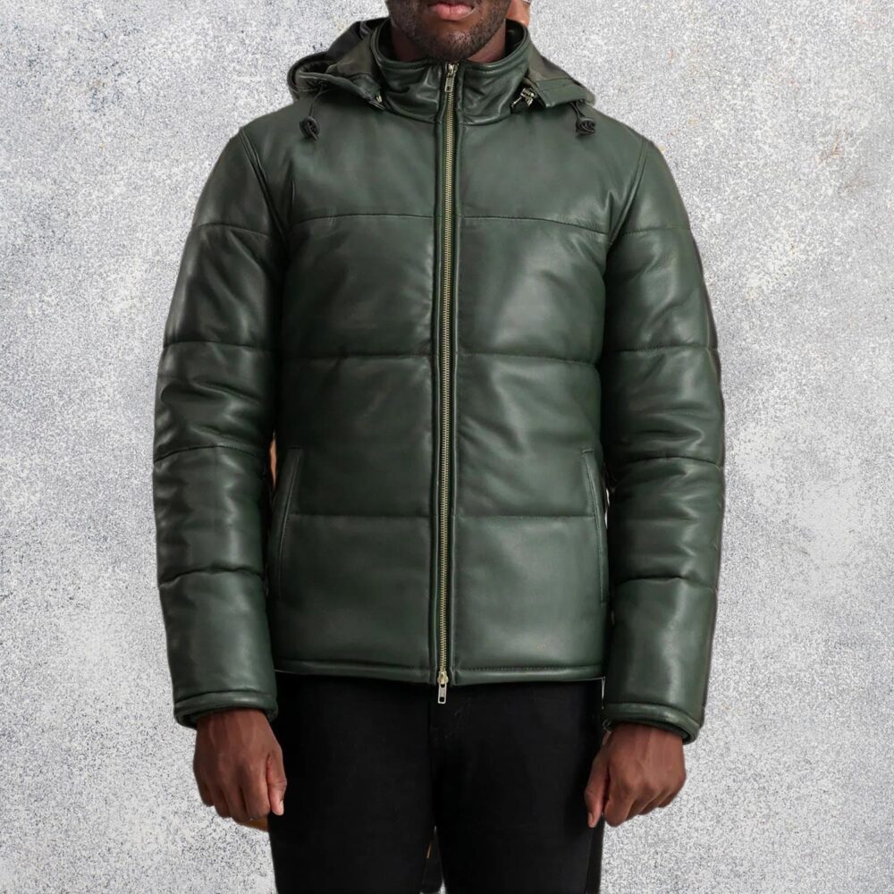 Axel Green Hooded Leather Puffer Jacket for Men